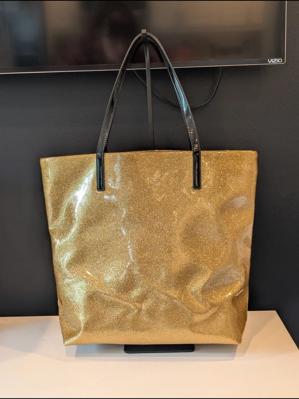 Kate Spade New York Bon Glitter Gold Tote with Patent Leather Handles